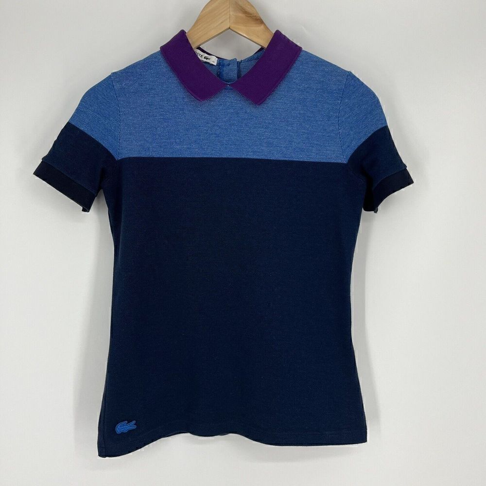 Lacoste Shirt Size 34 Women XS Navy Blue Purple Color Block Button Back Pullover